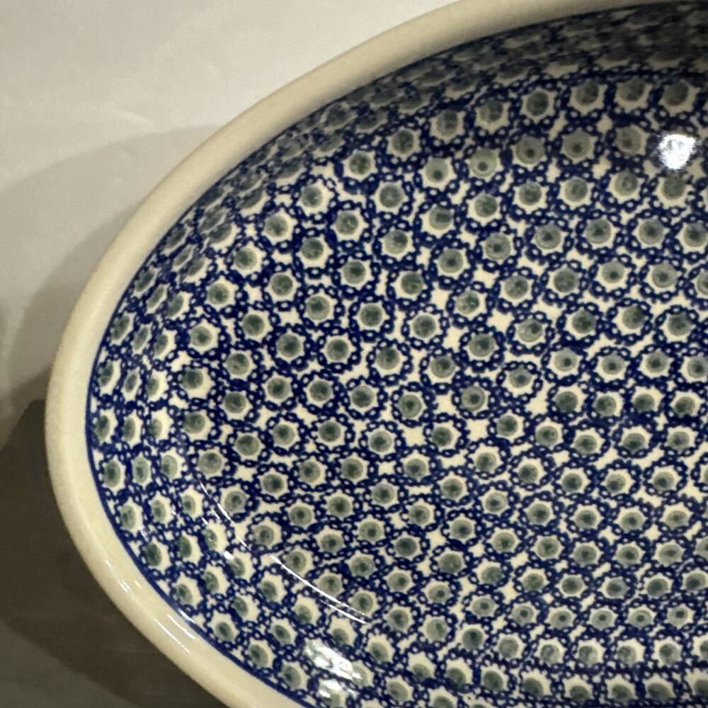 Vintage Boleslawiec Polish Pottery, Oval Deep Baking Dish, Blue And Green 14in - Picture 3 of 14